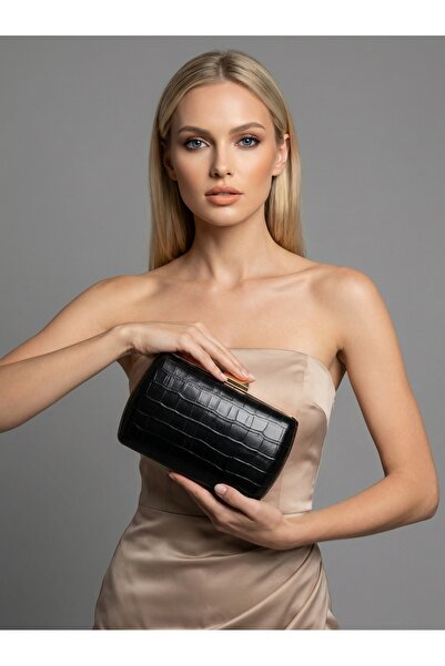 Biçanta Μαύρο Χρώμα Ματ Σχέδιο Κροκόδειλου με Λουράκι Αλυσίδας Γυναικεία Βραδ...