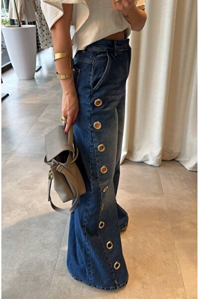 DENİKK Trend Custom Design Metal Detail High Waist Denim Jean Palazzo Pants-M...