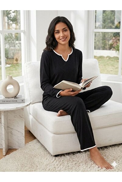 MİMİ PİJAMA Γυναικείο Σετ Πιτζάμες με Μακριά Μανίκια και Λευκές Λεπτές Λωρίδες