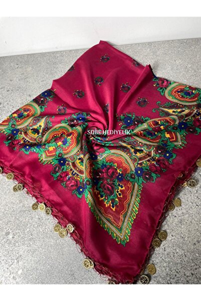 Sobe Hediyelik Mardin Yazması Fuşya Zeminde Çiçek Desenli Pullu Başörtüsü