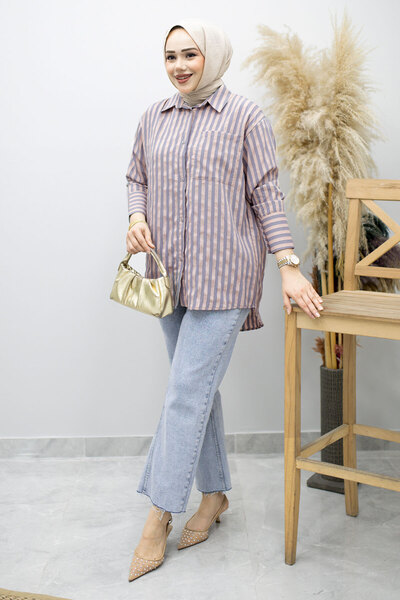 Tesettür Dünyası Ριγέ πουκάμισο με τσέπες TSD260174 Πούδρα