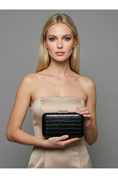 Biçanta Μαύρο Χρώμα Ματ Σχέδιο Κροκόδειλου με Λουράκι Αλυσίδας Γυναικεία Βραδ...