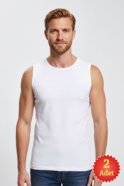 fevien Men's White 2-Pack 100% Cotton Ribbed Crew Neck Undershirt