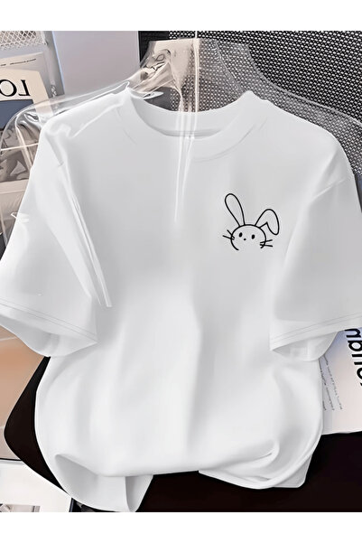 one button Μπλουζάκι μεγάλου μεγέθους με στάμπα χαριτωμένου κουνελιού, Premiu...