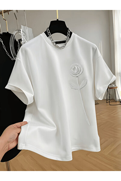 one button 1 Τεμάχιο Μπλουζάκι Premium Oversize με στάμπα λευκό τριαντάφυλλο