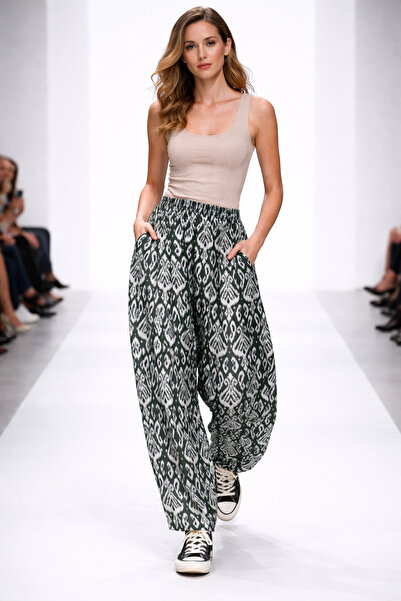 hoaryage Ύφασμα βισκόζης με λουλουδάτο σχέδιο, παντελόνι σαλβάρι με τσέπες, 1...