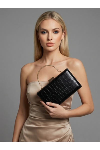 Biçanta Μαύρο Χρώμα Ματ Σχέδιο Κροκόδειλου με Λουράκι Αλυσίδας Γυναικεία Βραδ...