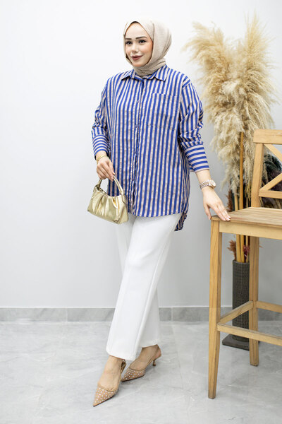 Tesettür Dünyası Ριγέ πουκάμισο με τσέπες TSD260174 Ίντιγκο