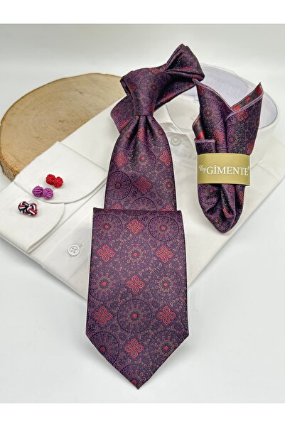Gutiero Claret Red Patterned Classic Tie with Handkerchief