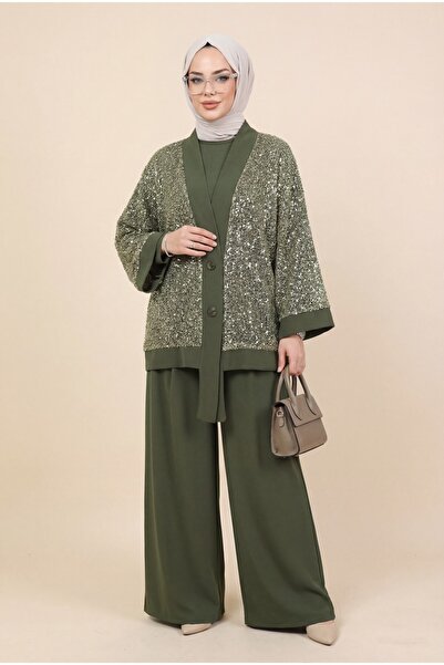 Modamorfo Sequin file cardigan 3-piece sendy set - khaki
