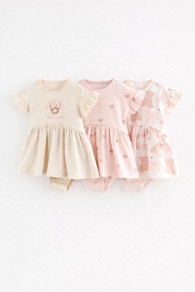 Next Baby Cotton Pink Teddy Bear Embroidered 3-Piece Romper Set