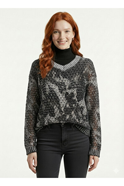 Neden Tekstil Women's V-Neck Jacquard Black Gray Sweater