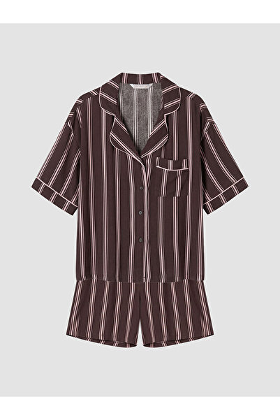 LC Waikiki طقم بيجامة نسائي من Freezen Store I Shirt Roba Yaka مخطط مع شورت