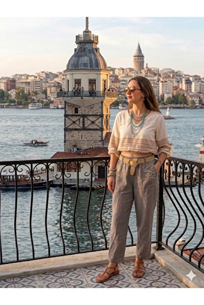 AYASOFYA OTANTIK Γυναικείο ιταλικό παντελόνι από βιζόν με ελαστική ζώνη στη μ...