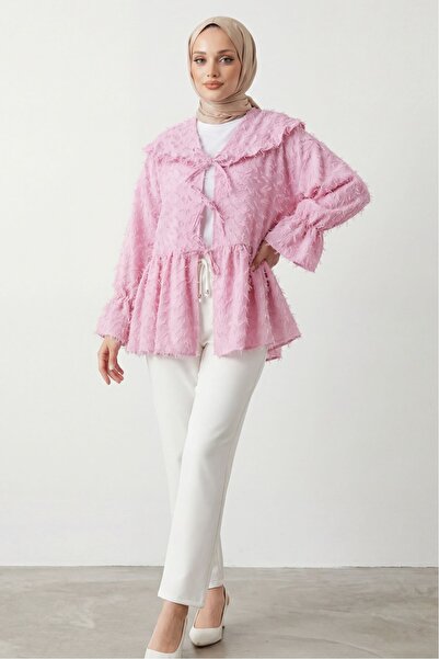 Lunfia Bağcıklı Tüylü Jakar Kimono - Pembe
