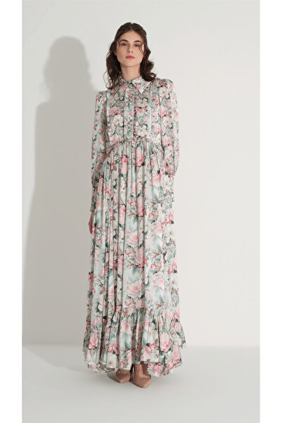 miha Hicran Önal Flower Pattern Satin Dress Mint