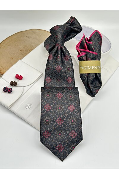 Gutiero Black Patterned Classic Tie with Handkerchief