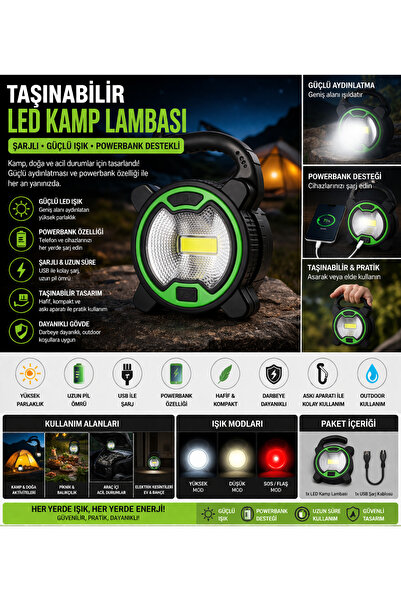 MAKAMP Taşınabilir LED Kamp Lambası – Pilli Güçlü Işık, Powerbank Destekli