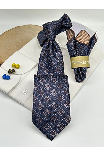 Gutiero Navy Blue Patterned Classic Tie with Handkerchief