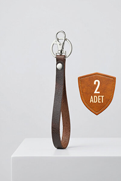 2 Adet Hakiki Deri - Kancalı Anahtarlık Slim Minimalist - Taba