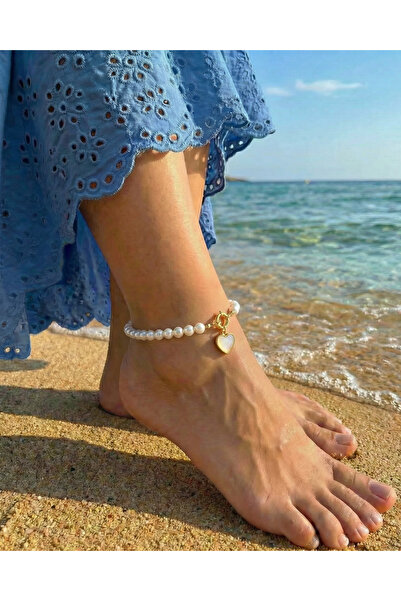 Gleemy accesories Zarif İnci Detaylı Gemici Kilitli Mineli Kalp Figürlü Gold ...
