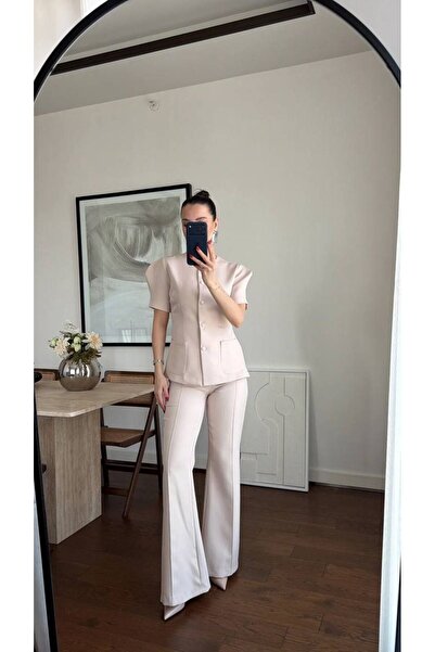 maf collection Γυναικείο Σετ Μπεζ με Στρογγυλή Λαιμόκοψη και Λεπτομέρεια Τσέπ...