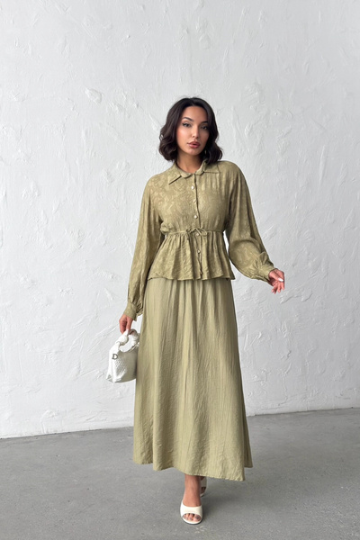 URİS Women's Khaki Textured Tie-Up Long Sleeve Shirt Long Skirt Bottom Top Tw...
