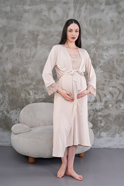 Lohusa Homewear New Season Beige Maternity Summer Elegant Lace Detailed Butto...