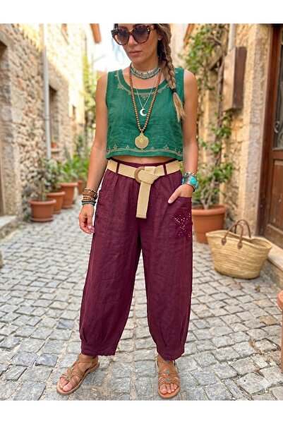 AYASOFYA OTANTIK Γυναικείο ιταλικό παντελόνι από 100% λινό, μπορντό χρώμα, με...