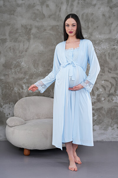 Lohusa Homewear Νέα σεζόν Μπλε Καλοκαιρινό Σετ Νυχτικό Εγκυμοσύνης με Κομψή Δ...