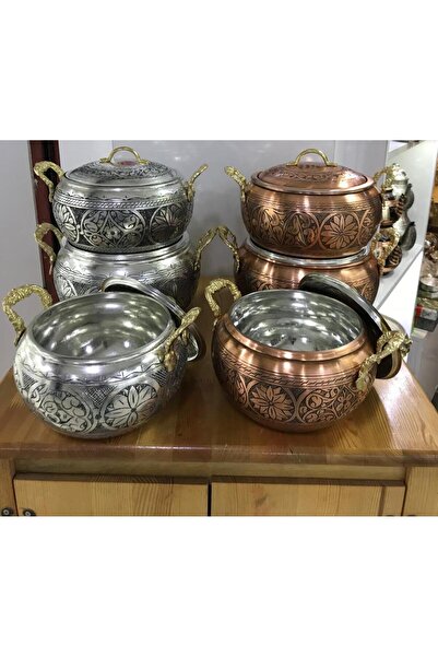Maraş Bakırcılık El İşçiliği 3'lü Dövme Bakır Güveç Tencere Takımı - (2L + 3L...