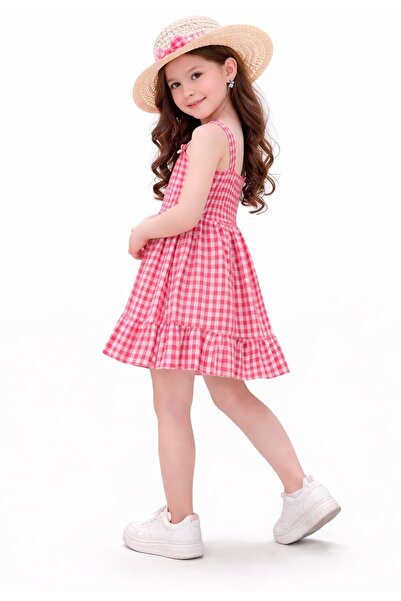 LLUVİA KIDSS Kız çocuk elbise pötikare şapkalı set/ askılı fiyonklu elbise