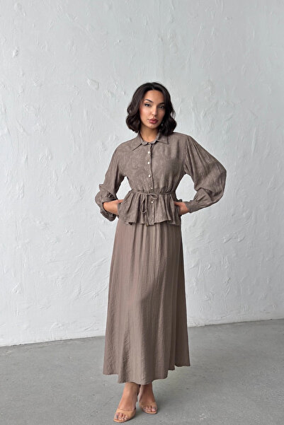 URİS Women's Bitter Brown Textured Tie-Up Shirt Long Skirt Bottom Top Two-Pie...