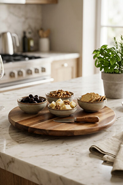 MİEN Doğal Akasya Yuvarlak Sunum Tahtası – Servis Standı