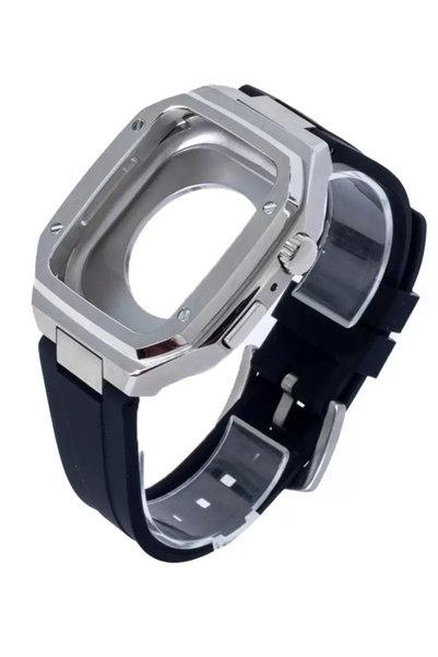Marsilyan Apple Watch 44mm KR402 Metal Kasa Silikon Kordon - Gümüş AKL48JD5