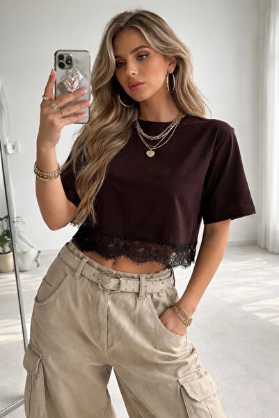 URİS Women's Brown Crew Neck Stylish Lace Short Sleeve T-Shirt
