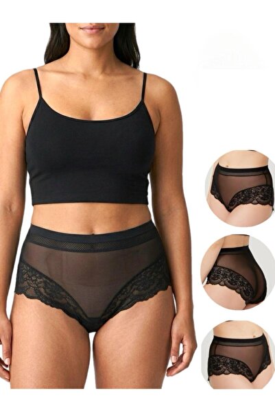 FeraShowroom Lace Detailed Plus Size Transparent Bikini Panties 3-Pack