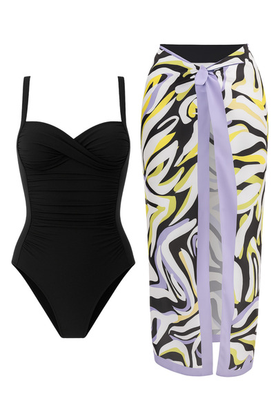 Mavero Women's Black Gathering Swimsuit and Antique Patterned Pareo Beach Set
