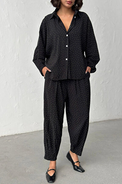 URİS Γυναικείο Μαύρο Πέτρινο Λεπτομερές Πουκάμισο και Παντελόνι Σαλβάρ, Διπλό...