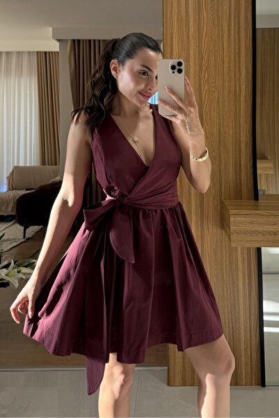 Femaura Dress - Fm01013 Model Double-Breasted Collar Belted Poplin Dress