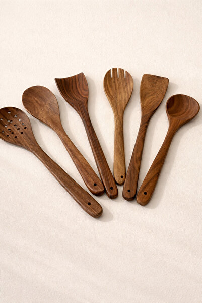 Mirilliahome 6-Piece Walnut Wood Kitchen Utensil Set Natural Wood Serving Spo...