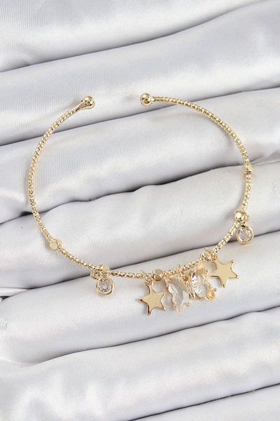 Butik Pirinç Zirkon Taşlı Kelebek Ve Yıldız Model Gold Renk Charm Bileklik