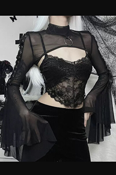 Giraffe Büstiyer Bluz Şifon Gömlek Dantel Transparan Üst Ceket Gotik Retro