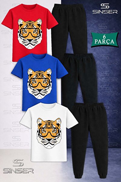 SS SİNSER Παιδικό Σετ Φόρμας με Μπλουζάκι και Σχέδιο Κεφαλής Τίγρης με Γυαλιά
