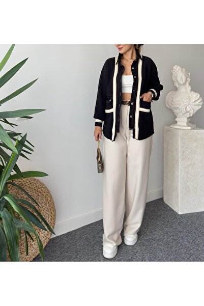 Lavanta Tekstil Μπεζ ριγέ ζακέτα premium με λεπτομέρειες από τζιν