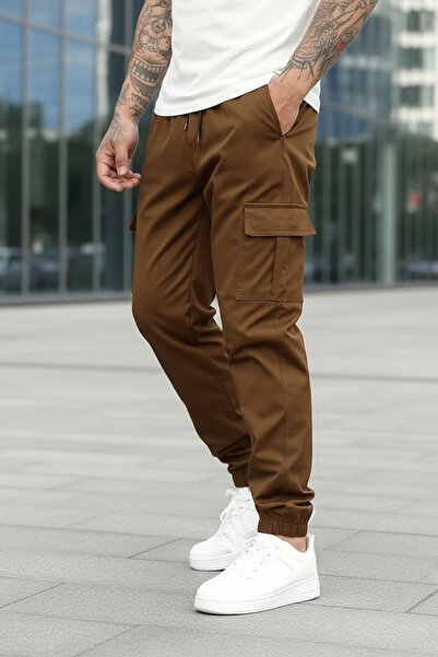VIKUNYA Ανδρικό καφέ παντελόνι Jogger από ποιοτικό βαμβάκι Lycra Cargo με ελα...