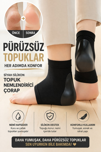 Yenilig Siyah Silikon Topuk Nemlendirici Çorap (1 Çift) | Çatlak Karşıtı & Yo...