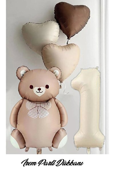 İrem Parti Dükkanı 1 Year Old, 3 Retro Hearts, 1 Cream Number, 1 Caramel Tedd...