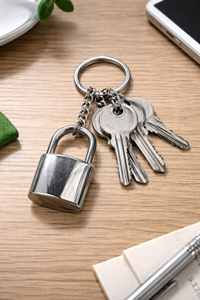 HER ŞEY NOTA www.herseynota.com Silver Color Padlock Figured Metal Keychain C...