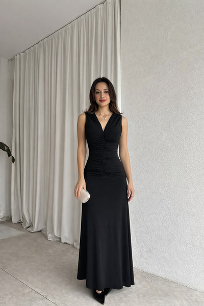 MODAMİNEM Γυναικείο φόρεμα λεπτομέρεια με σούρες Maxi